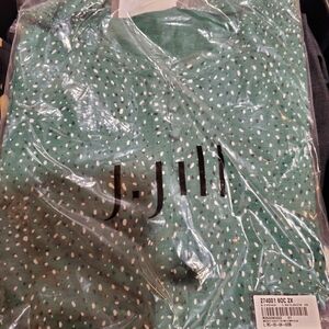 J. Jill Teal Blouse with White And Black Dots Shirred Shoulder And Sleeves